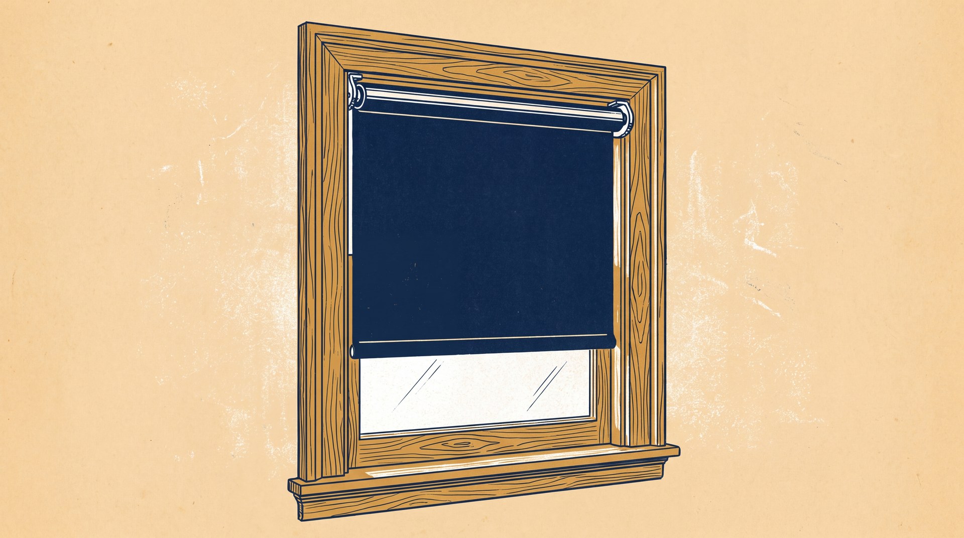 Roller shade hung inside a window frame, with thin strips of light along both side gaps and a sliver above the fabric where it wraps around the open roller tube.