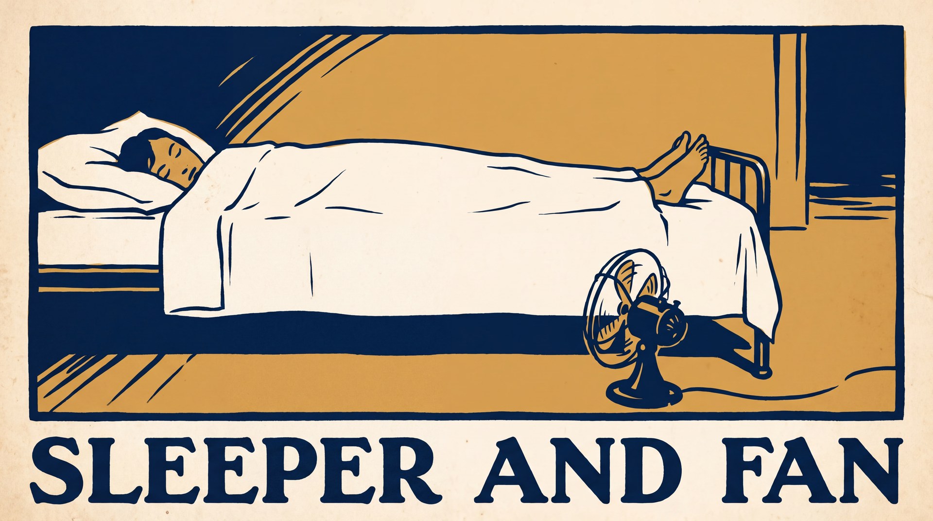 Illustration of a person asleep on their side under a light sheet with their feet uncovered, while a small floor fan beside the bed blows air across them.