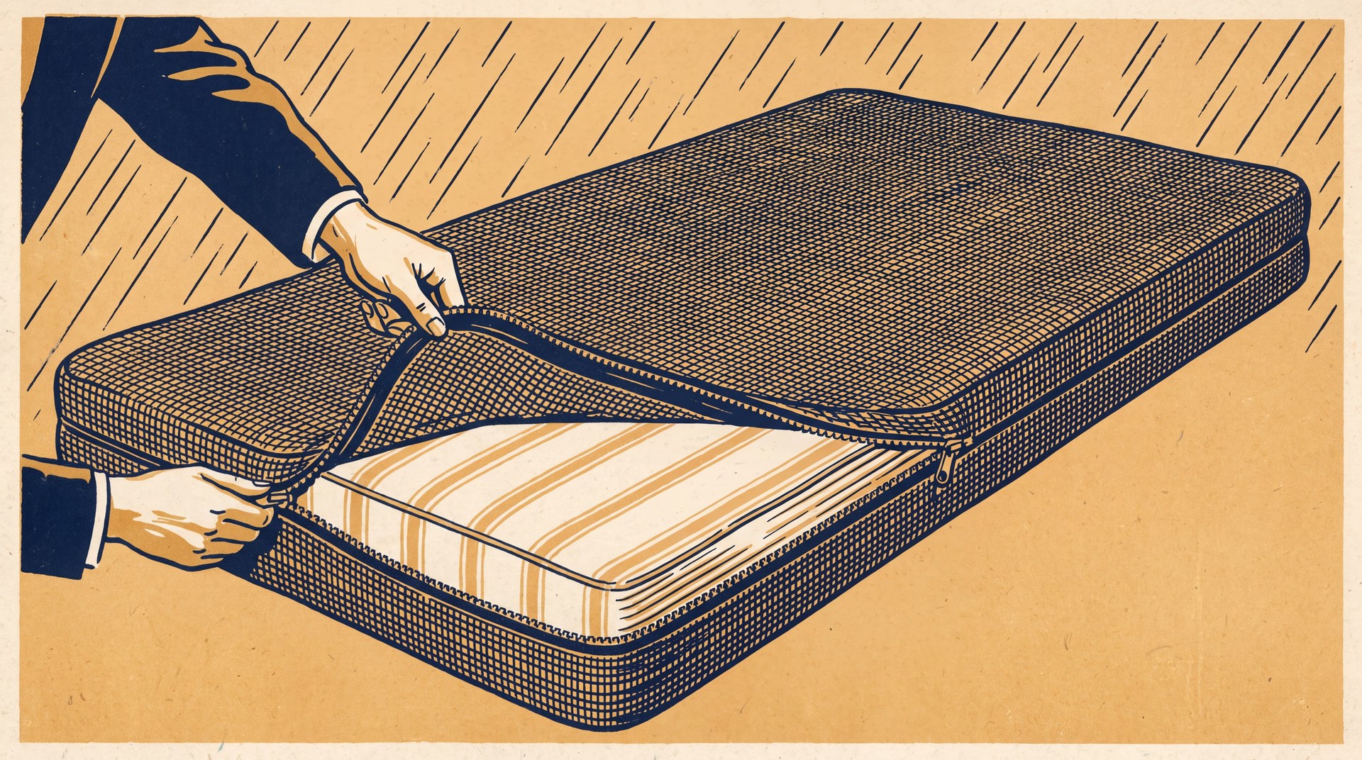 Two hands pulling a zipper along the edge of a dust-proof cover that encloses a mattress, sealing the whole mattress inside the fitted fabric casing.