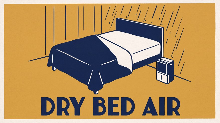 Illustration of a bed with the comforter turned down to the foot, leaving the sheet and mattress open to the air, and a small dehumidifier on the floor next to it.