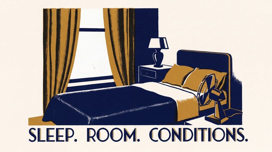 Illustration of a made bed next to a window with a heavy curtain drawn halfway, an unlit lamp on the nightstand and a small fan on the floor pointing at the pillow. Together they stand for the three things in a room that affect how fast you fall asleep.
