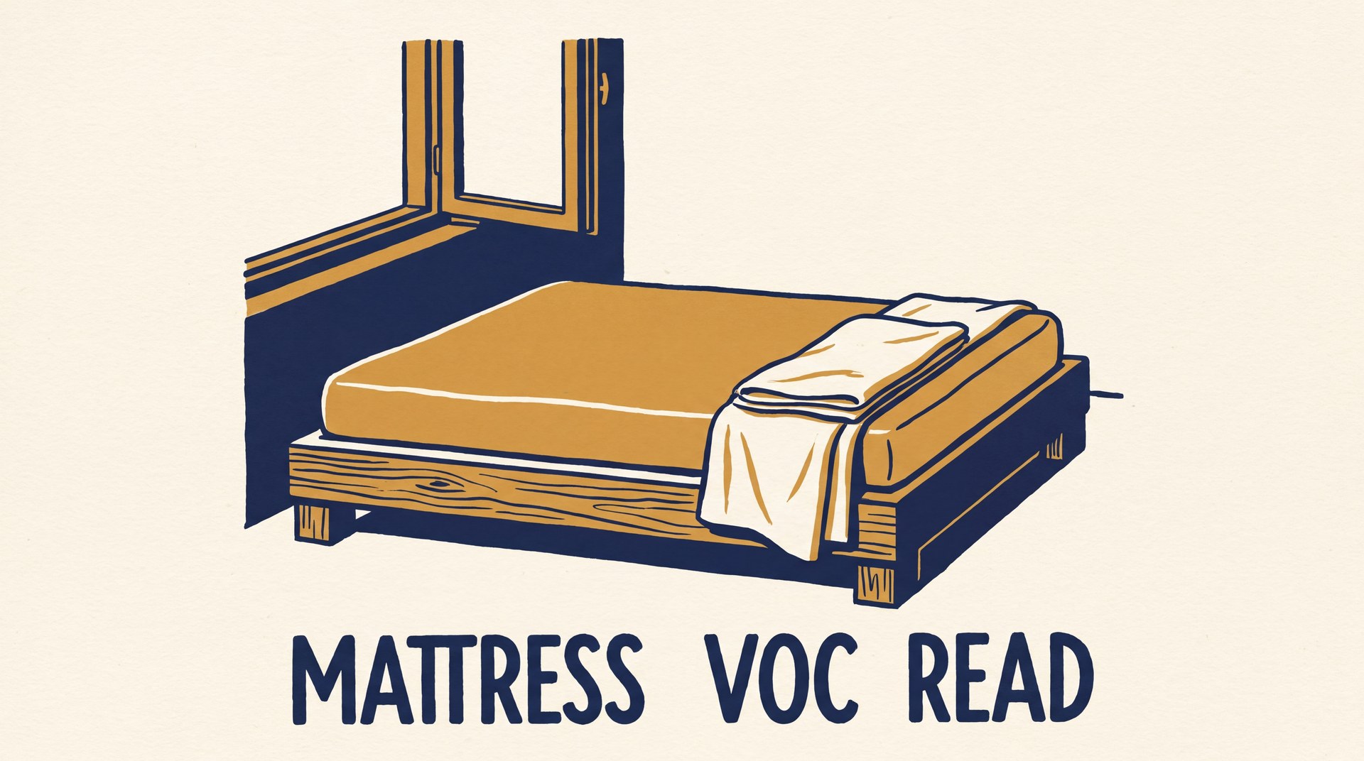 Illustration of a bare foam mattress on a low wooden bed frame next to an open window, with a folded white cotton sheet at the foot of the bed.