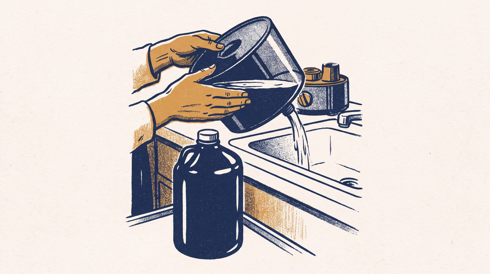 Two hands tipping a humidifier's water tank to pour out leftover standing water for its daily cleaning, with a jug of distilled water waiting beside it for the refill.
