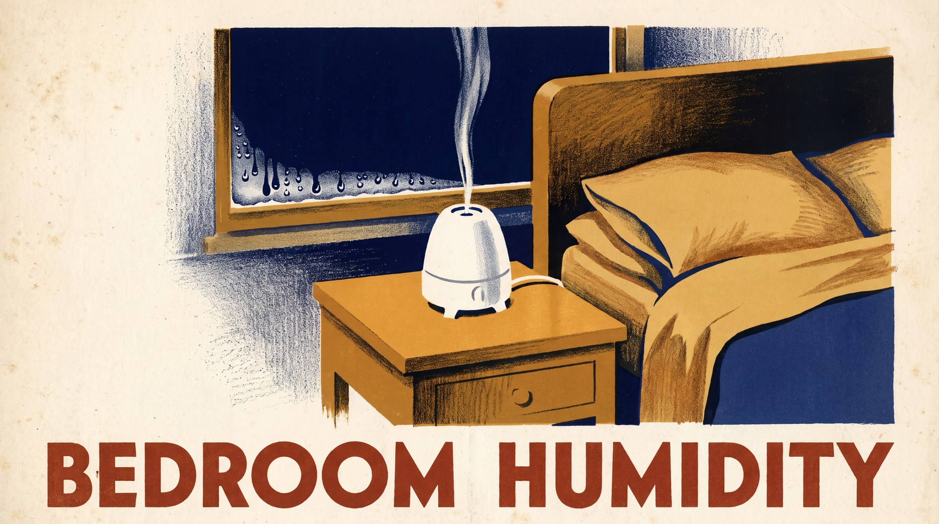 A small humidifier on a bedside table sends up a thin plume of mist next to a made bed. Drops of water have collected along the bottom of the dark window behind it.
