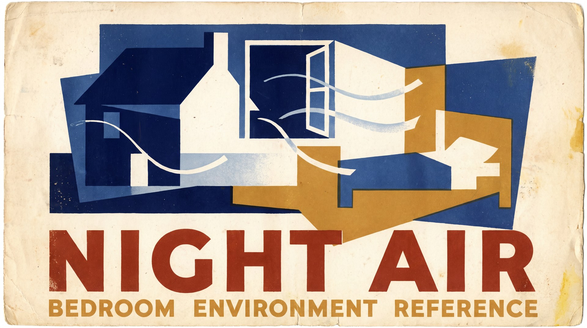 A geometric modernist poster: an open window set into a dark blue house, with flat planes of blue, ochre and chalk reading as night air crossing the room toward a bed.