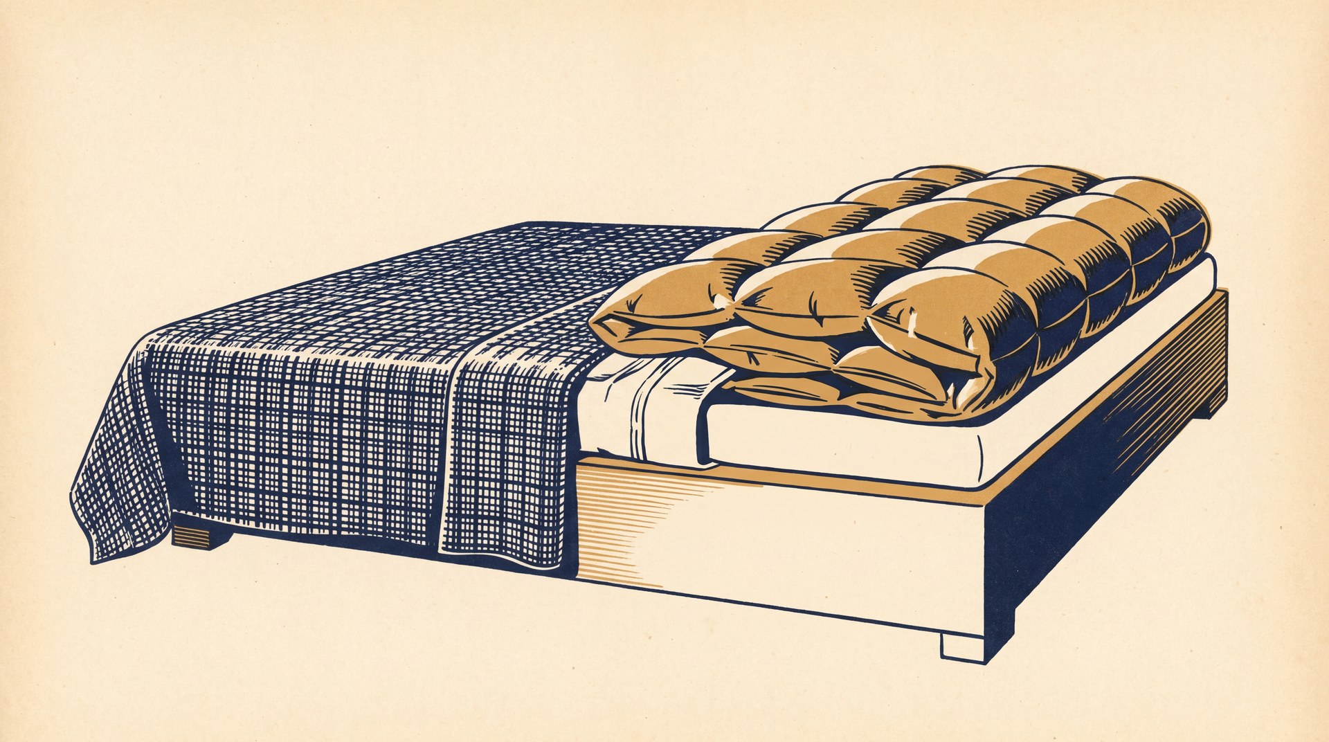 A single bed covered by two separate duvets side by side, a thin flat duvet on one half and a thicker, heavier duvet on the other half.
