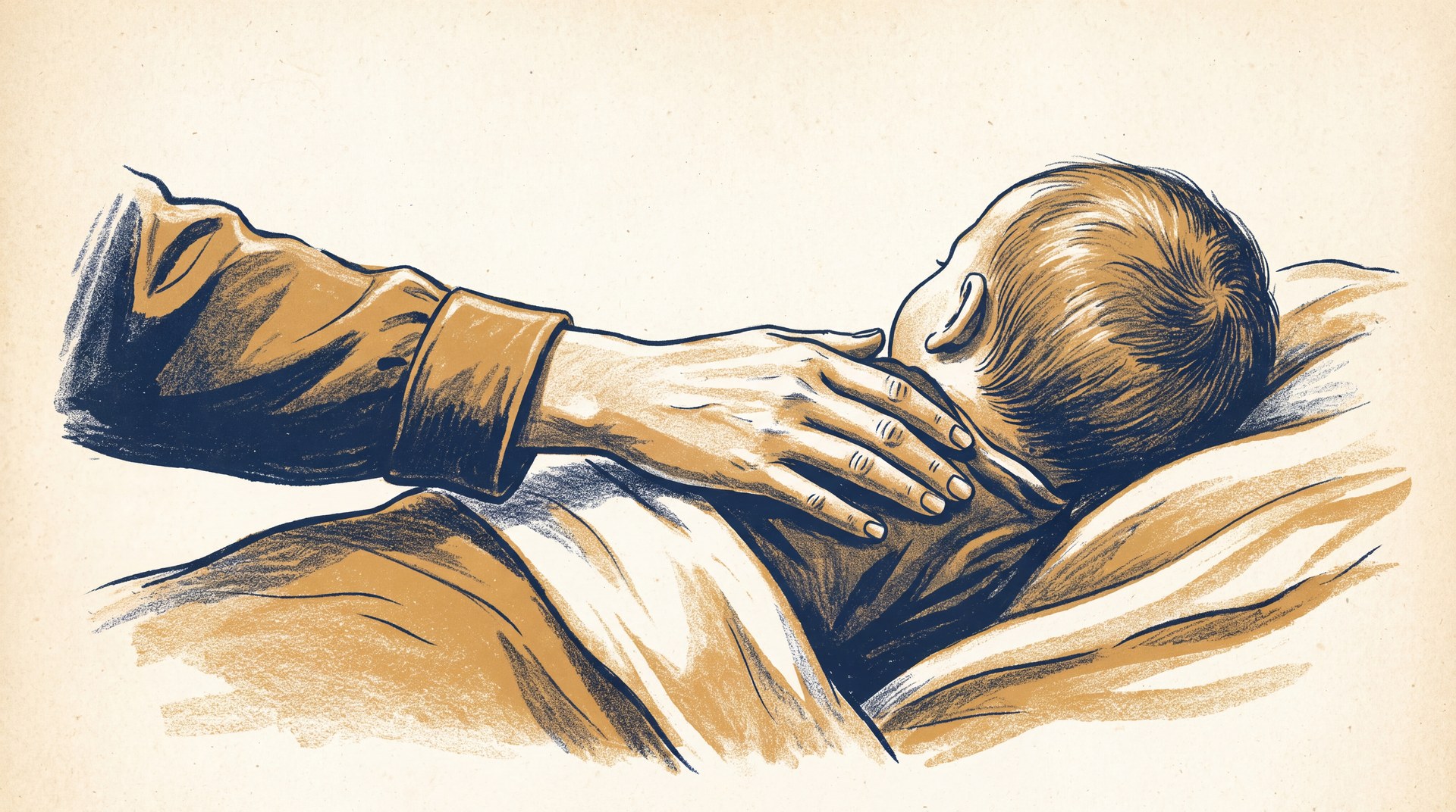 An adult hand laid gently on the back of a sleeping baby's neck, viewed from behind, checking the baby's warmth by touch rather than by feeling the hands or feet.
