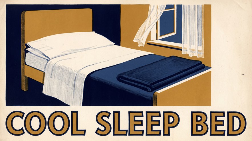 Illustration of a made bed with the top sheet folded back and a wool blanket folded at the foot, next to a half-open window with a light curtain moving, suggesting a cool bedroom at night.