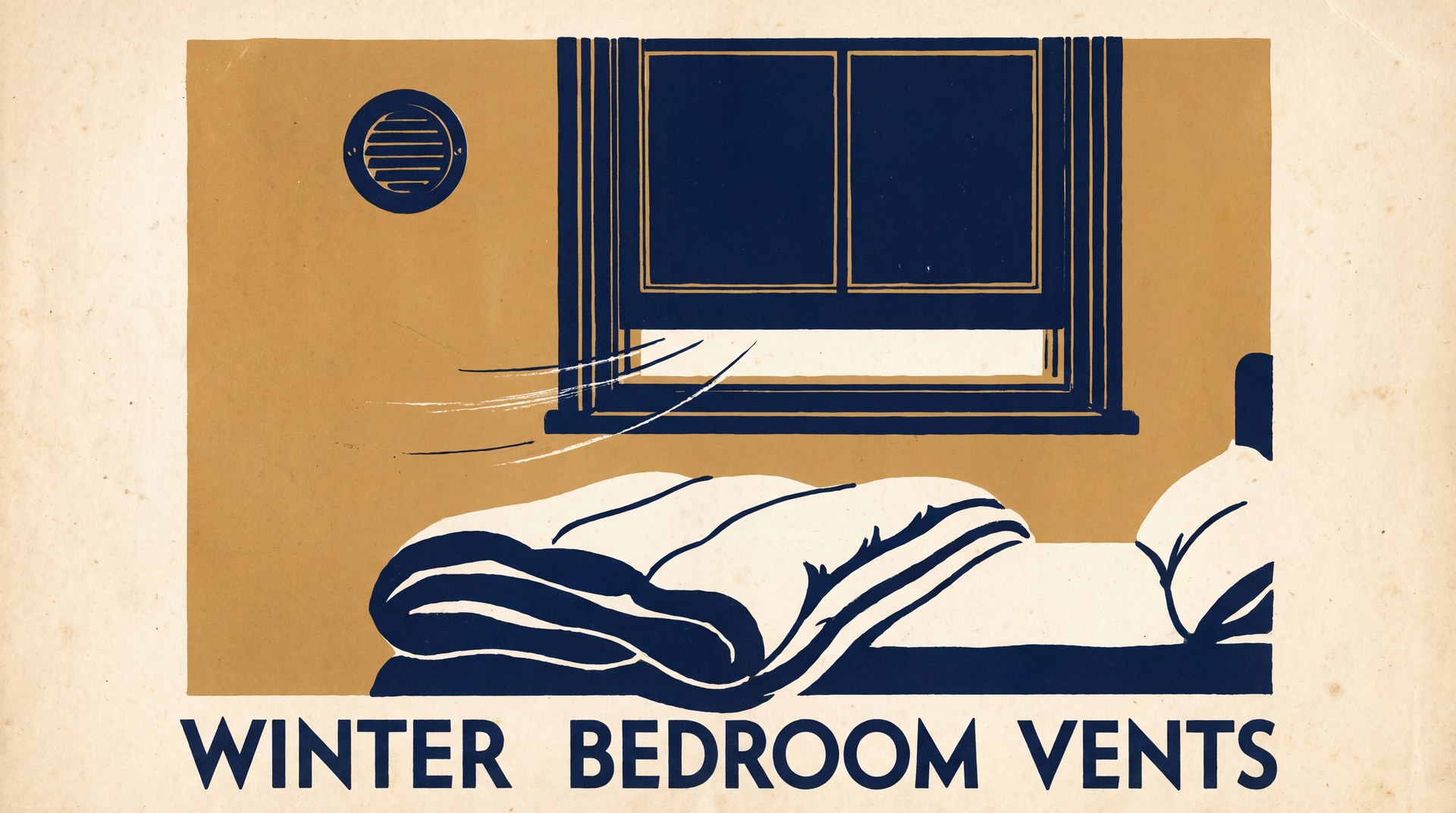 Illustration of a winter bedroom. The window is open about an inch at the bottom, a small round vent sits in the wall beside it, and a bed with a heavy quilt stands in front.