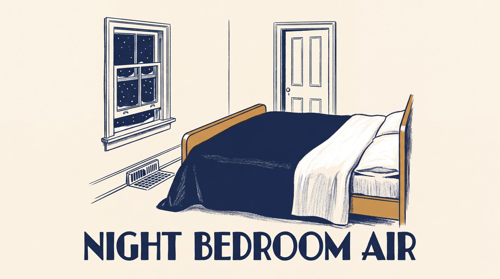 Illustration of a bedroom at night showing a double bed with a folded-back quilt, a window open a few inches, a closed door and a floor vent, which are the main paths heat takes into and out of the room.