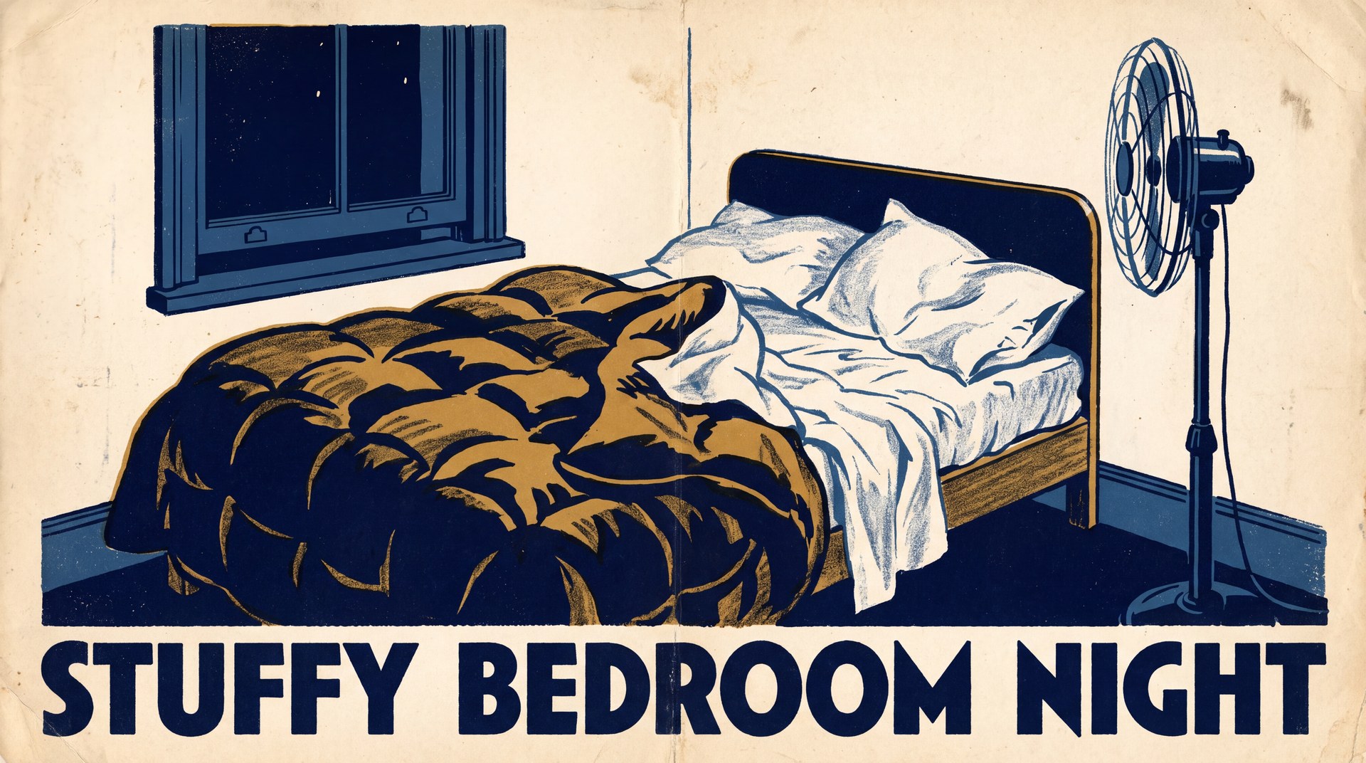 Illustration of a double bed with its heavy duvet pushed aside and a dented pillow, next to a shut window and a fan that is switched off, suggesting someone who woke up too warm.