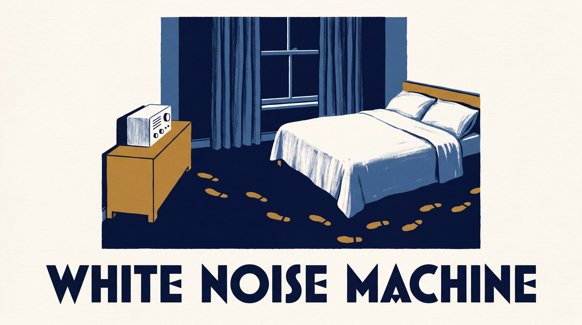A bedroom photographed from the doorway, showing a made double bed against a curtained window and a small rectangular sound machine sitting on a dresser several steps away from the pillows.