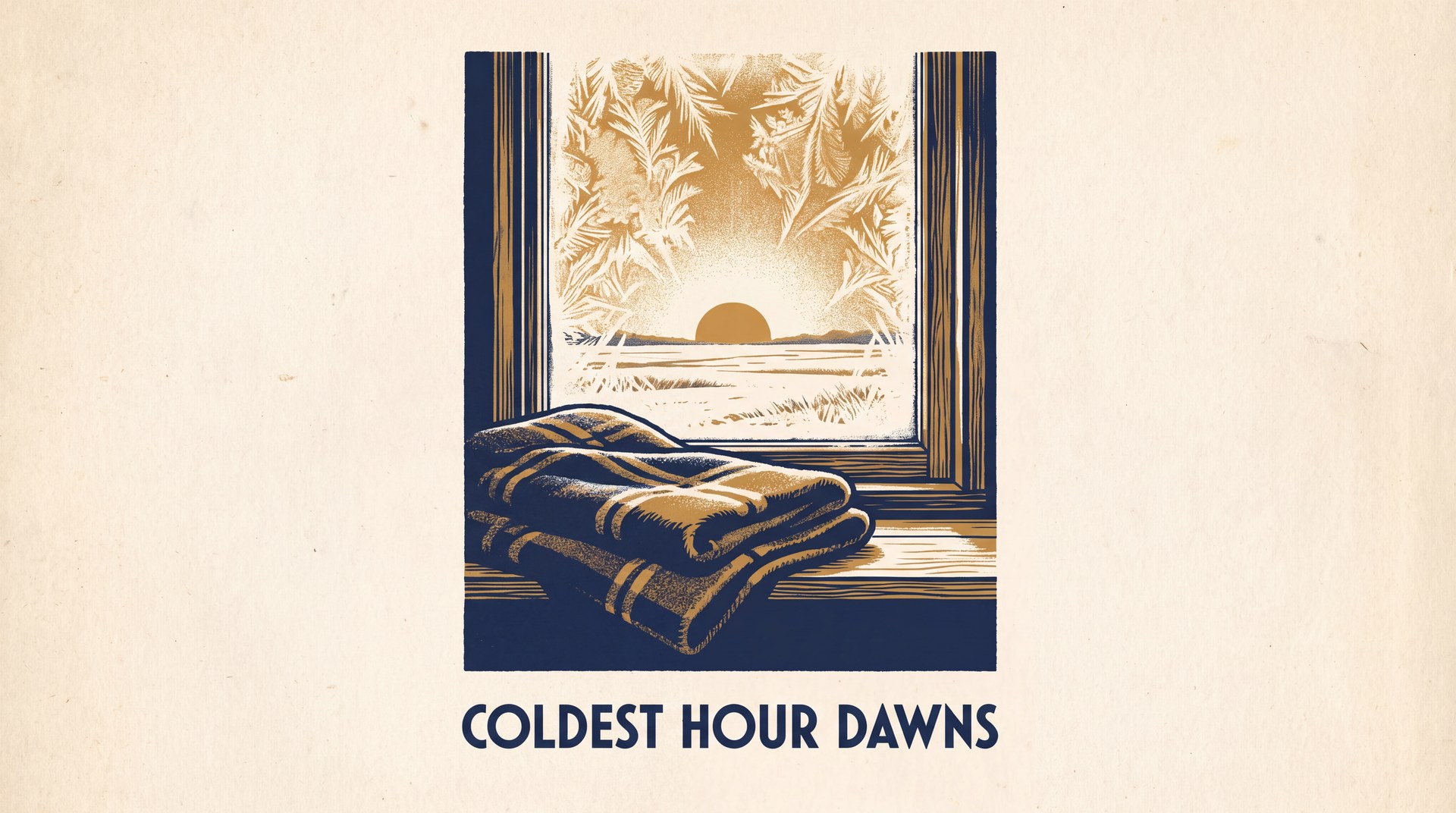 Frost crystals on a bedroom window as a pale orange sun rises over a flat field, with a folded wool blanket on the windowsill beneath the glass.